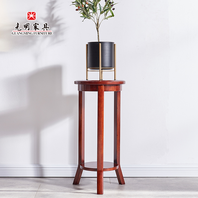 【光明家具】水曲柳實木花架，圓形木質書房置物架，客廳落地花架花幾108B-82520-80